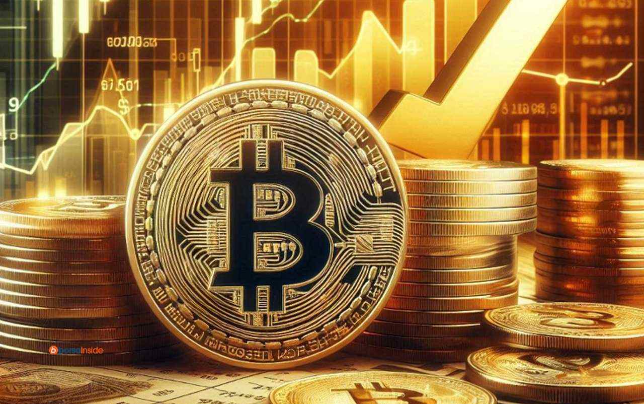 Una moneta di Bitcoin con altre monete impilate e dei grafici finanziari sullo sfondo, tutto in toni color oro