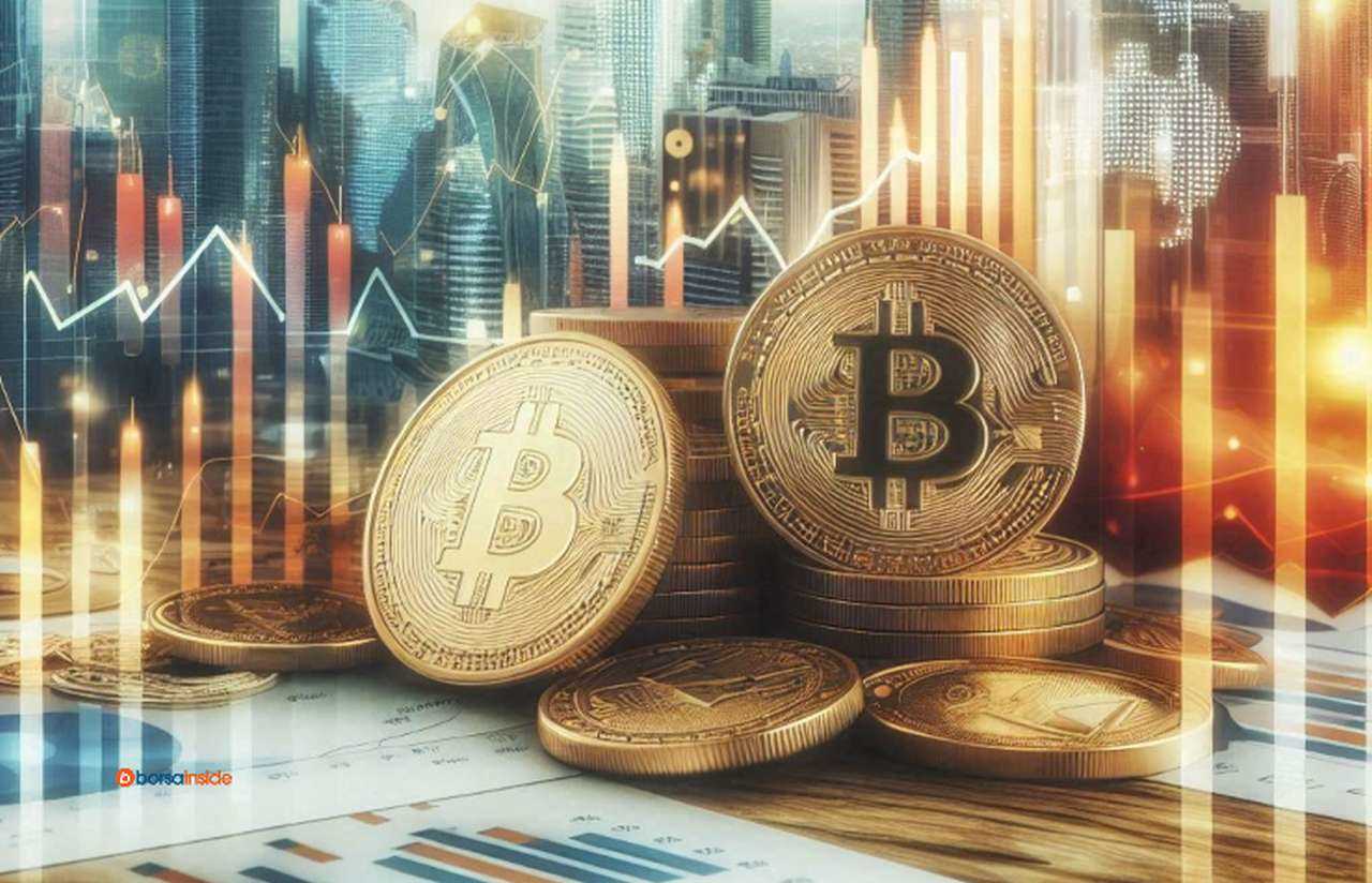 Alcune monete di Bitcoin su un piano e dei grafici luminosi sullo sfondo