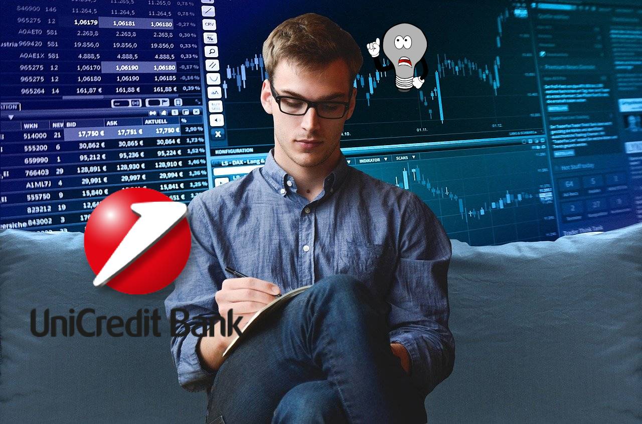 investitore che pensa e logo di Unicredit