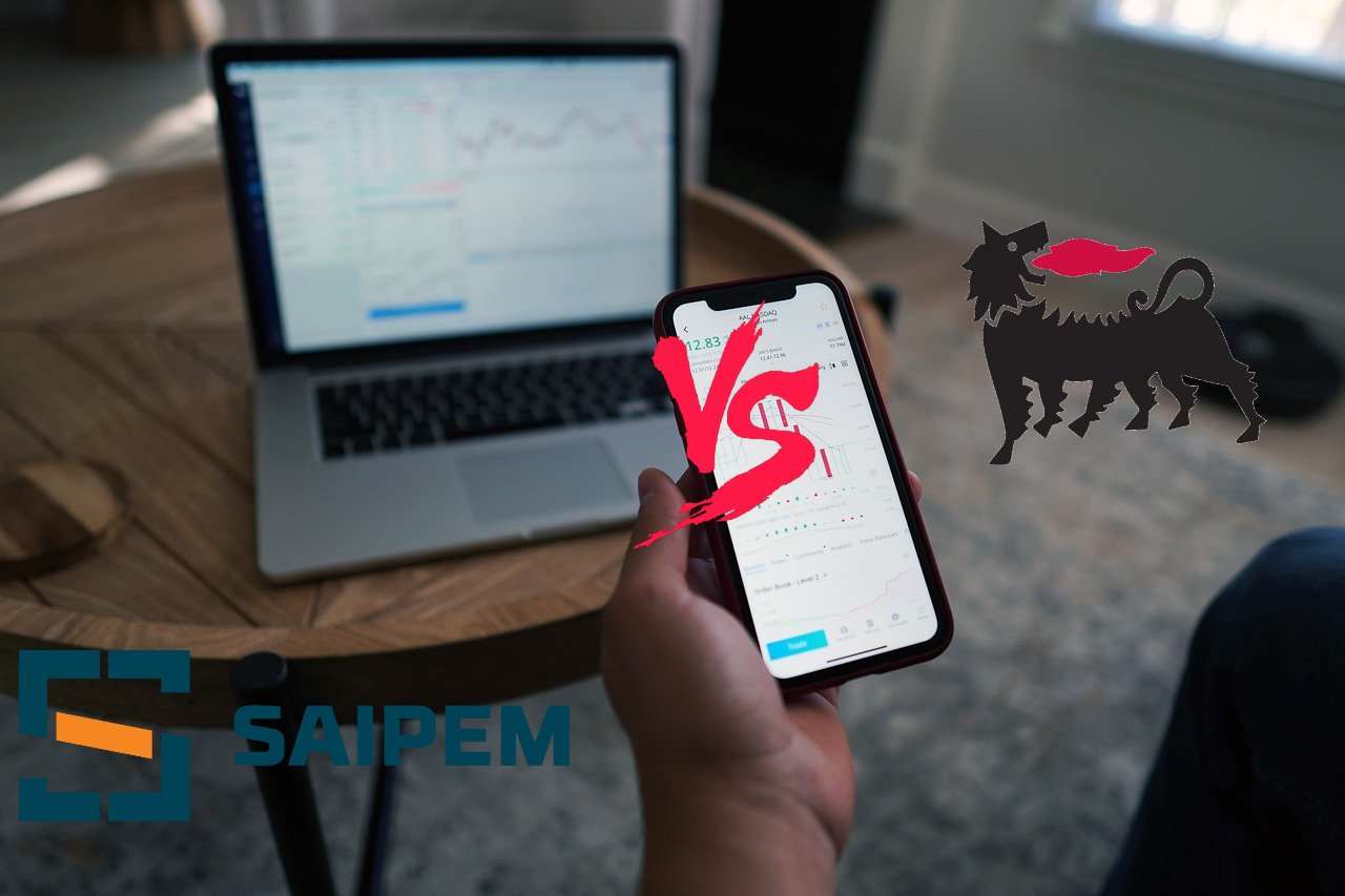 mobile trading e logo di Saipem e Eni