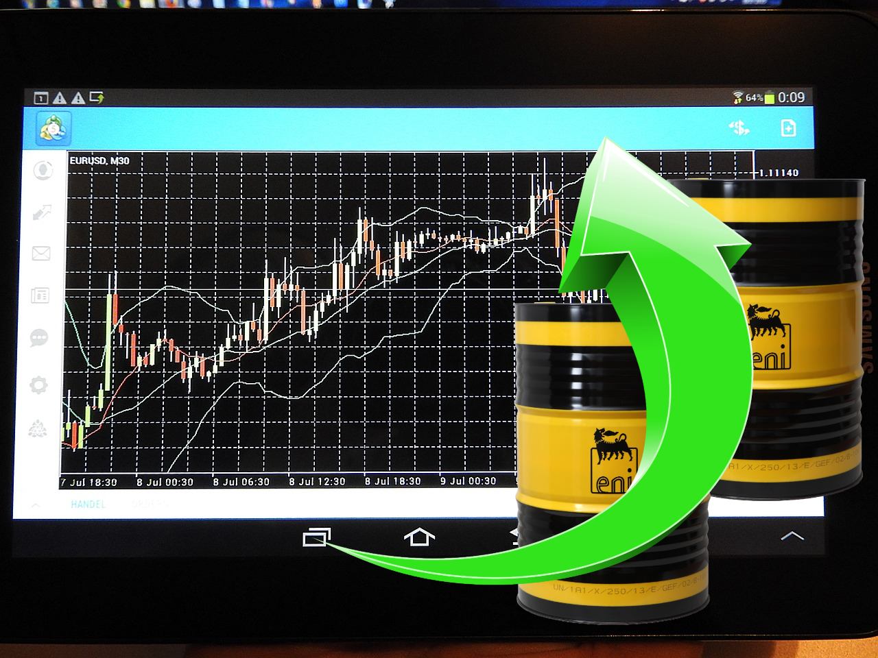 chart di trading e barili con logo di Eni