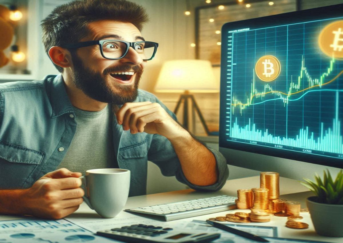 investitore che guarda grafico Bitcoin