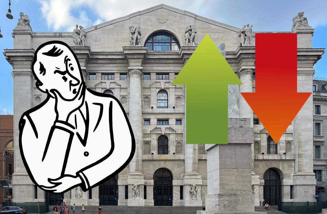 ingesso della borsa di Milano e immagine uomo che pensa