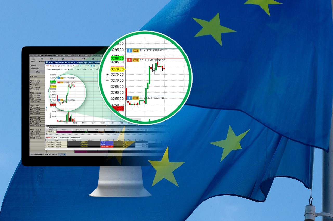 bandiera dell'Unione Europea e grafico di trading