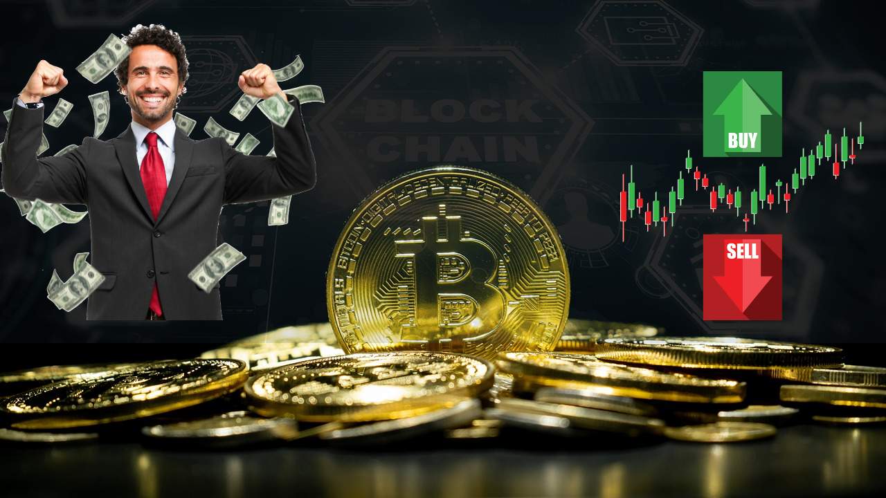 trader che esulta e moneta Bitcoin