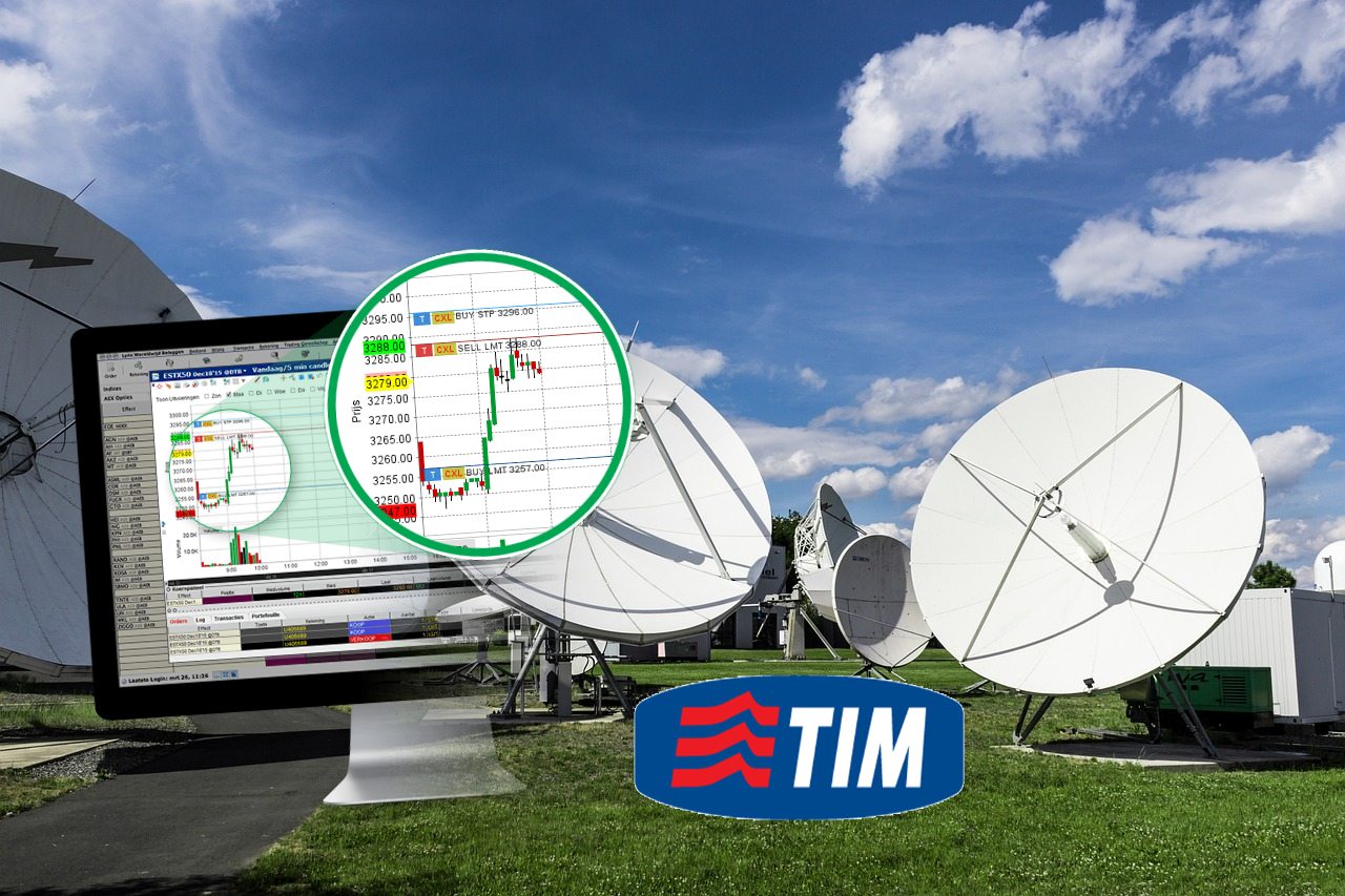 parabole telecomunicazioni e logo di TIM