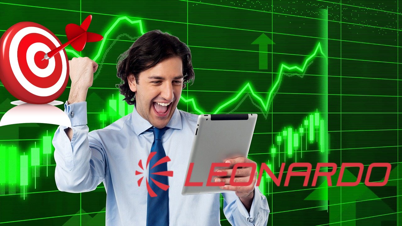 trader che esulta e logo di Leonardo