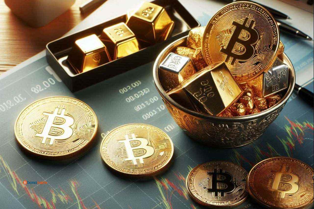 Alcune monete di Bitcoin e dei piccoli lingotti d'oro su un piano con dei grafici