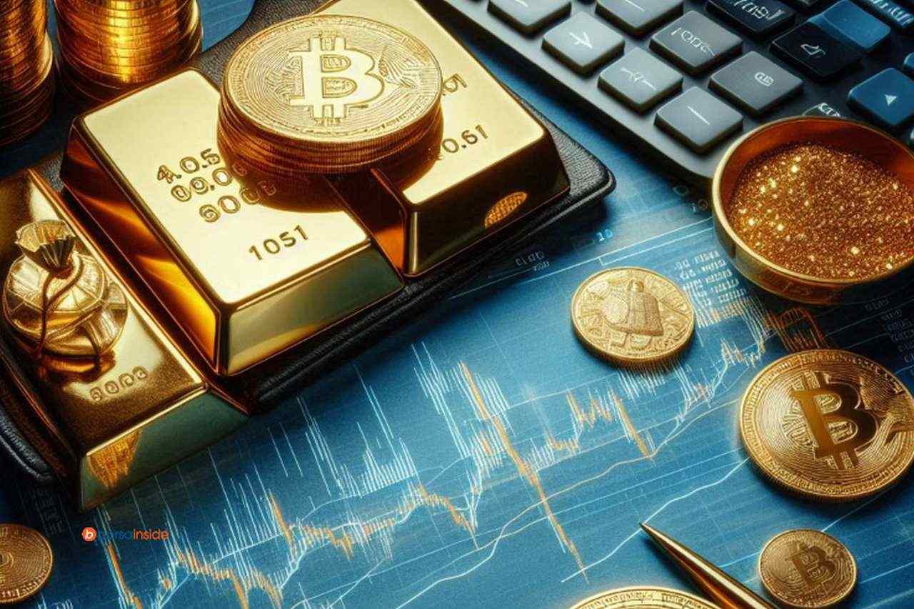 Alcune monete di Bitcoin e dei lingotti con una calcolatrice su un piano con dei grafici