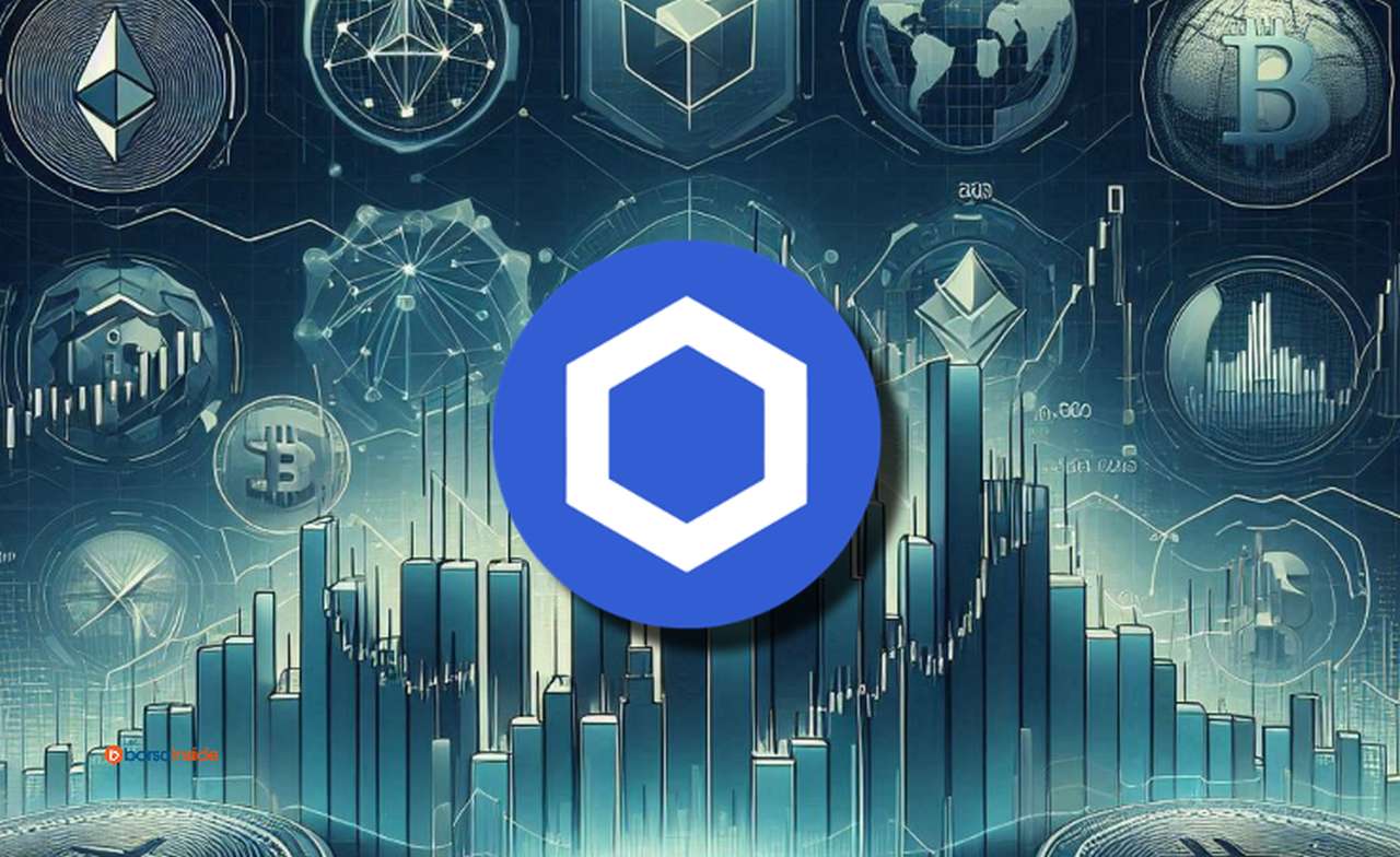 Il logo di Chainlink al centro e altri loghi di diverse crypto sullo sfondo insieme a dei grafici a candele