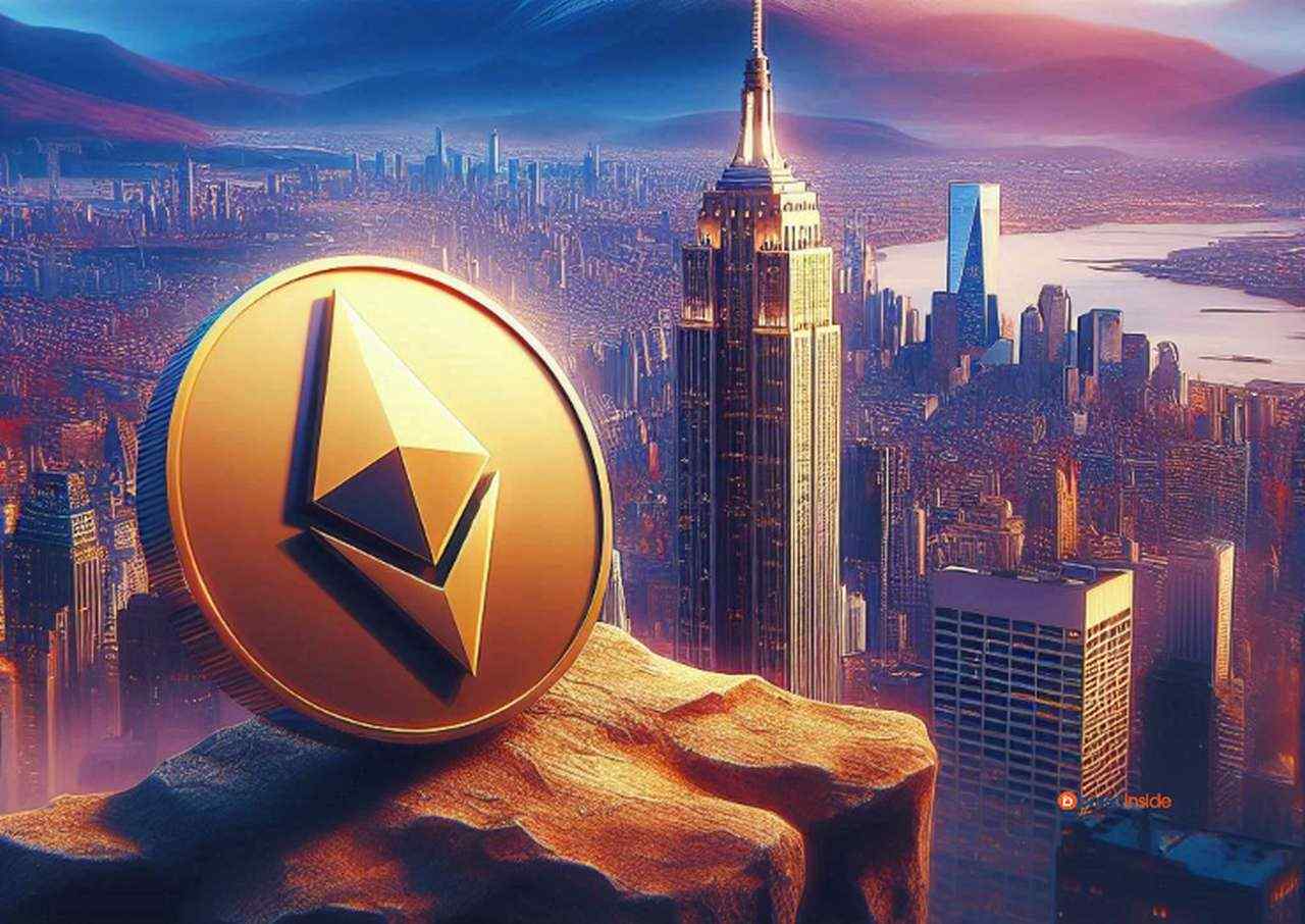 Una moneta di Ethereum su un burrone con la città di New York sullo sfondo