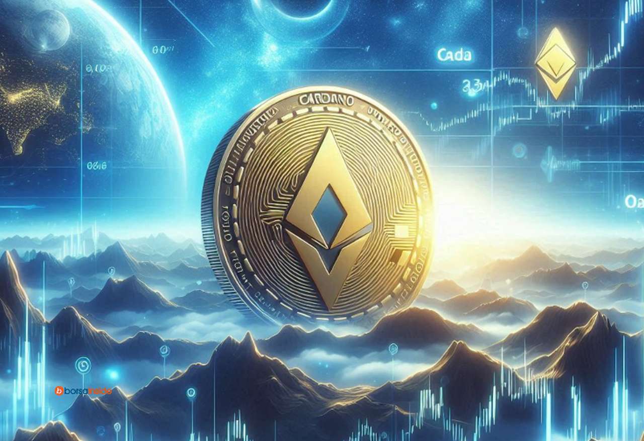 Una moneta di Ethereum gigantesca che svetta al di sopra delle cime dei monti e delle nuvole