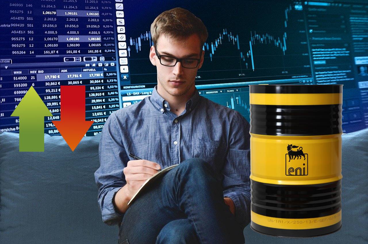 trader che analizza dati e barile con logo di Eni