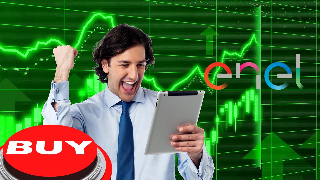 trader che esulta e logo di Enel