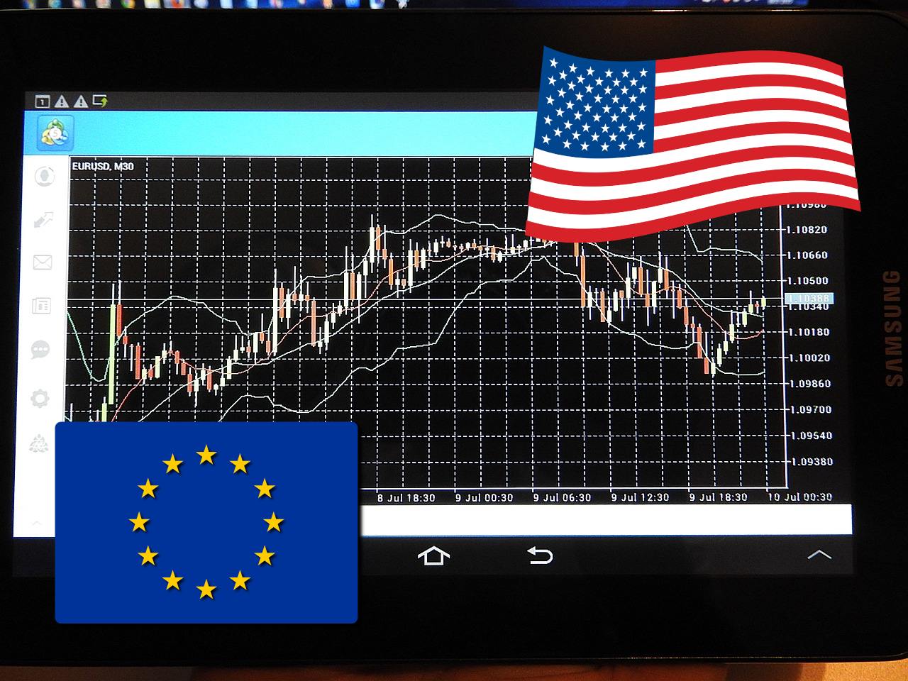 chart di trading con bandiera Usa e Europa