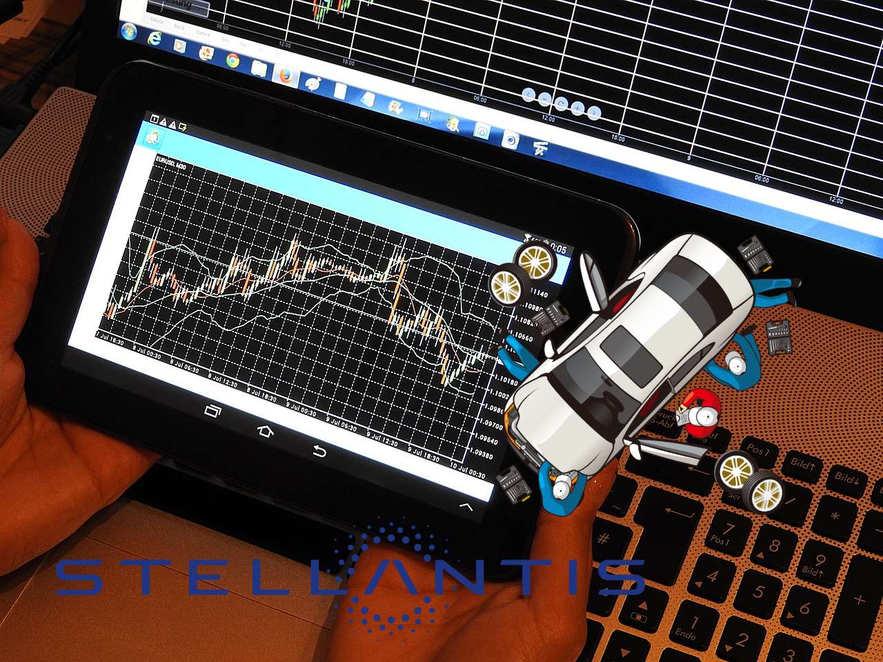 chart di trading e logo di stellantis