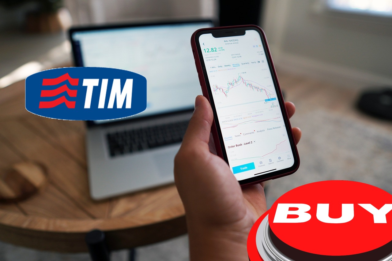 mobile trading e logo di tim con tasto buy