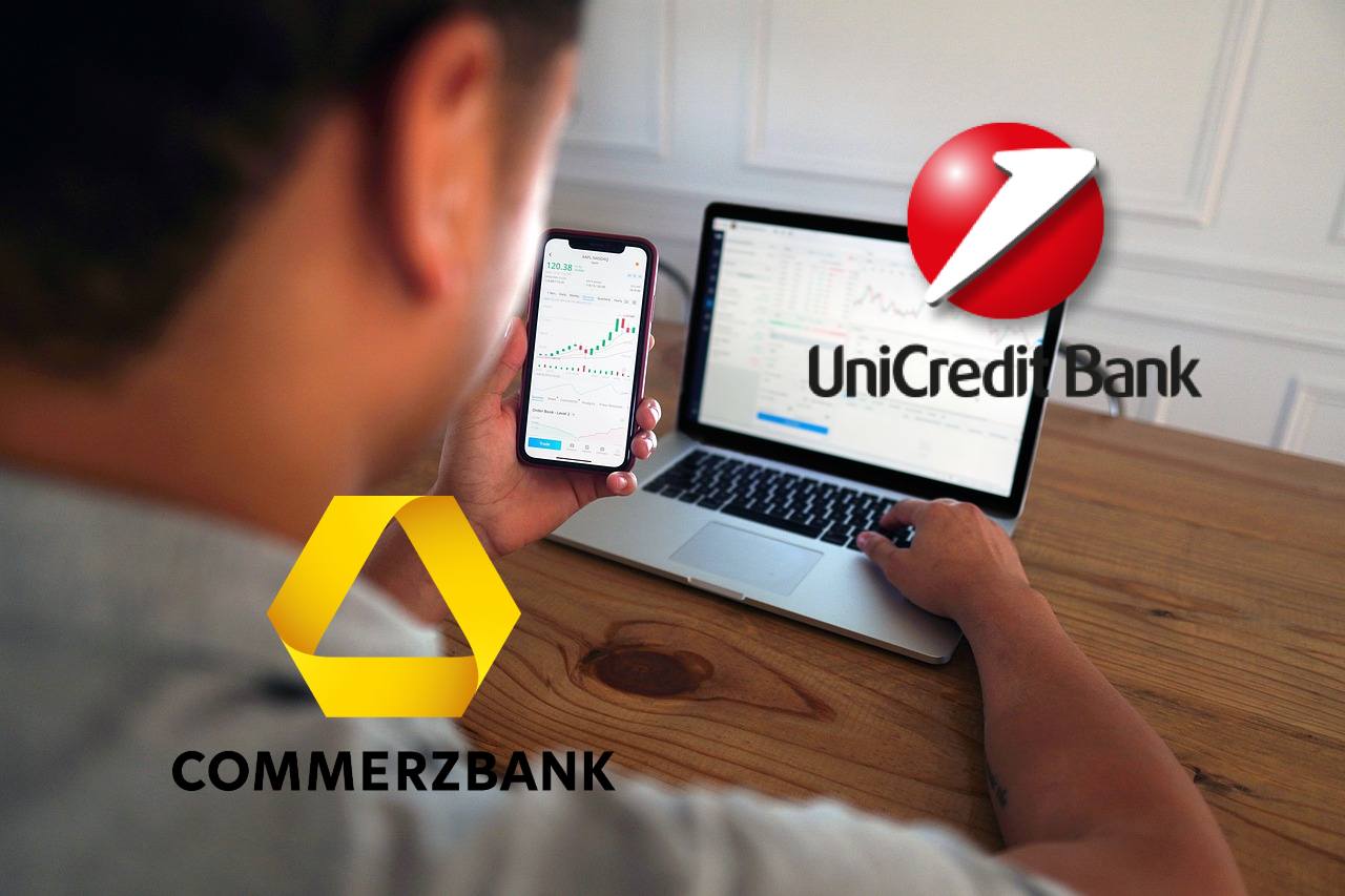 laptop con logo di Unicredit e di Commerzbank