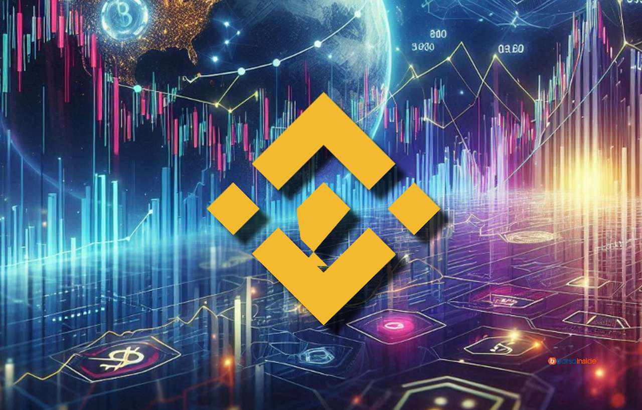 Il logo di Binance con dei grafici e dei pianeti sullo sfondo