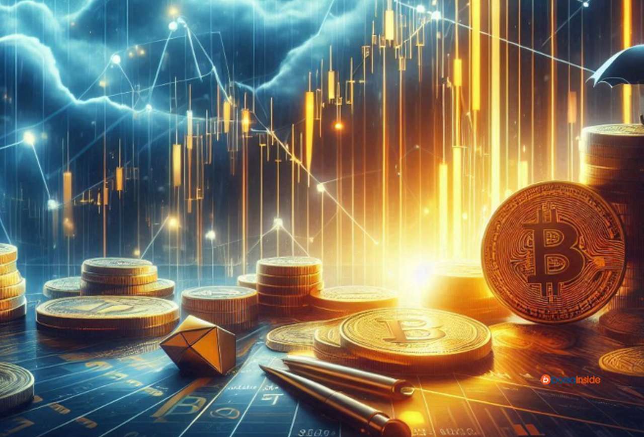 Una moneta di Bitcoin in basso a destra e dei grafici a candele sullo sfondo