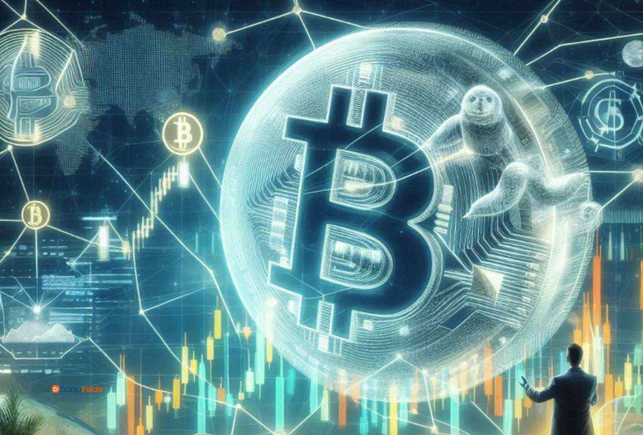 Il logo di Bitcoin in una sfera luminosa in alto a destra e dei grafici a candele sullo sfondo