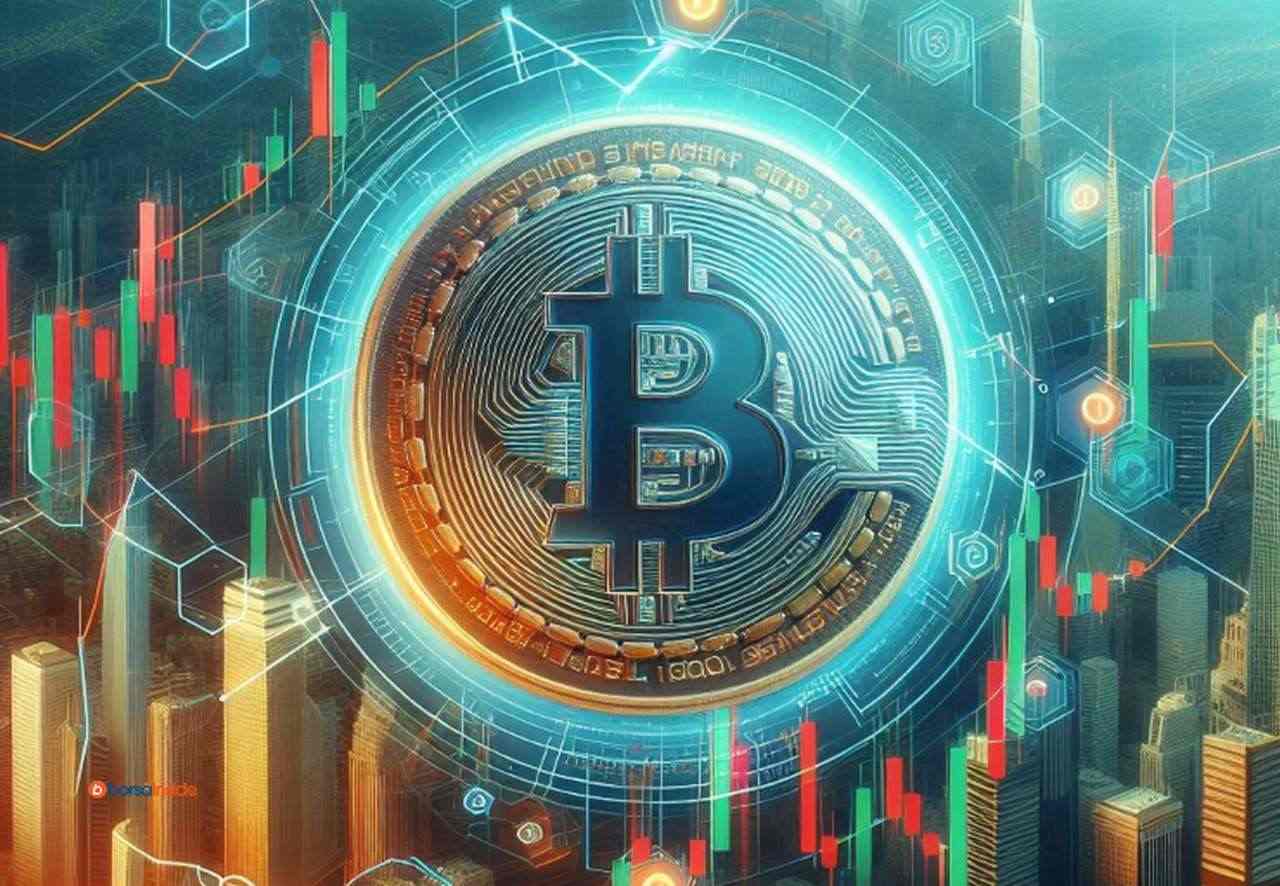 Il logo di Bitcoin in grande al centro e dei grafici a candele di diverso colore sullo sfondo