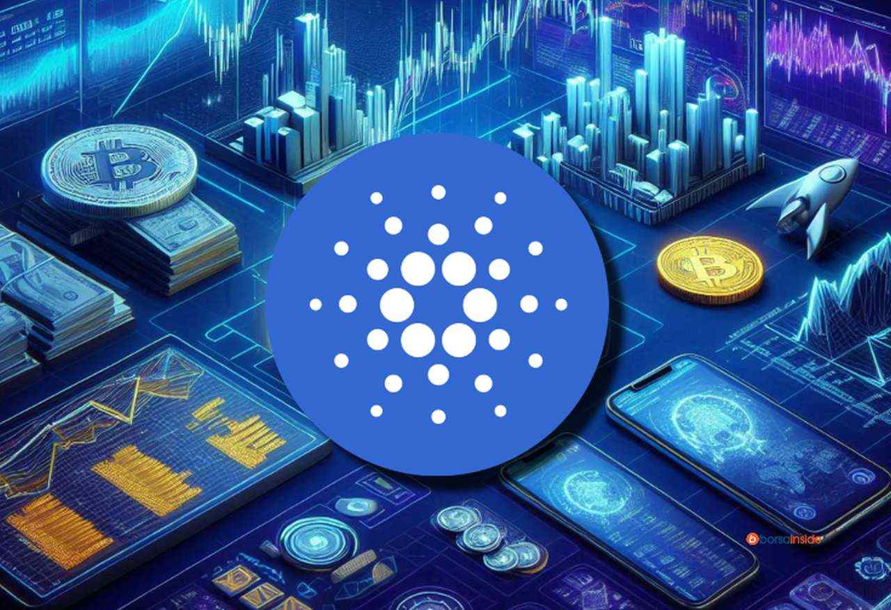 Il logo di Cardano al centro e dei grafici luminosi sullo sfondo con delle monetine