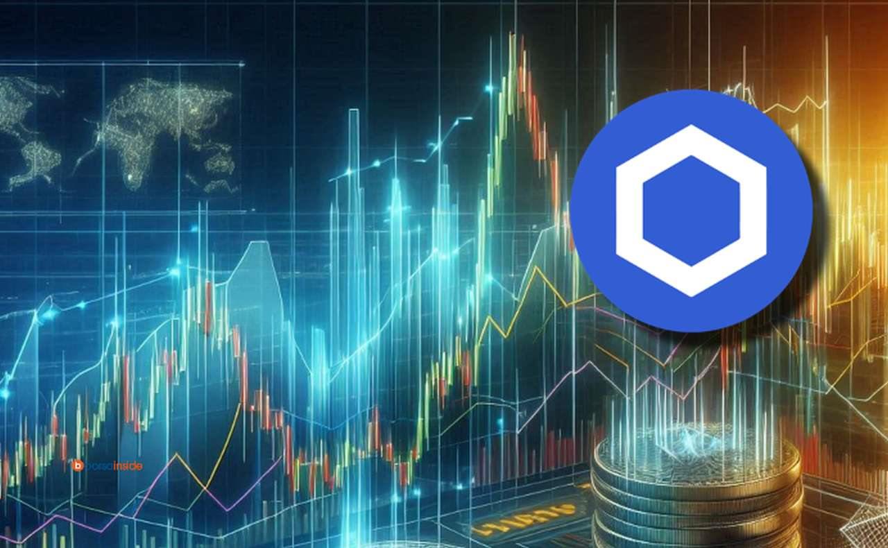 Il logo di Chainlink in alto a destra e dei grafici finanziari luminosi sullo sfondo