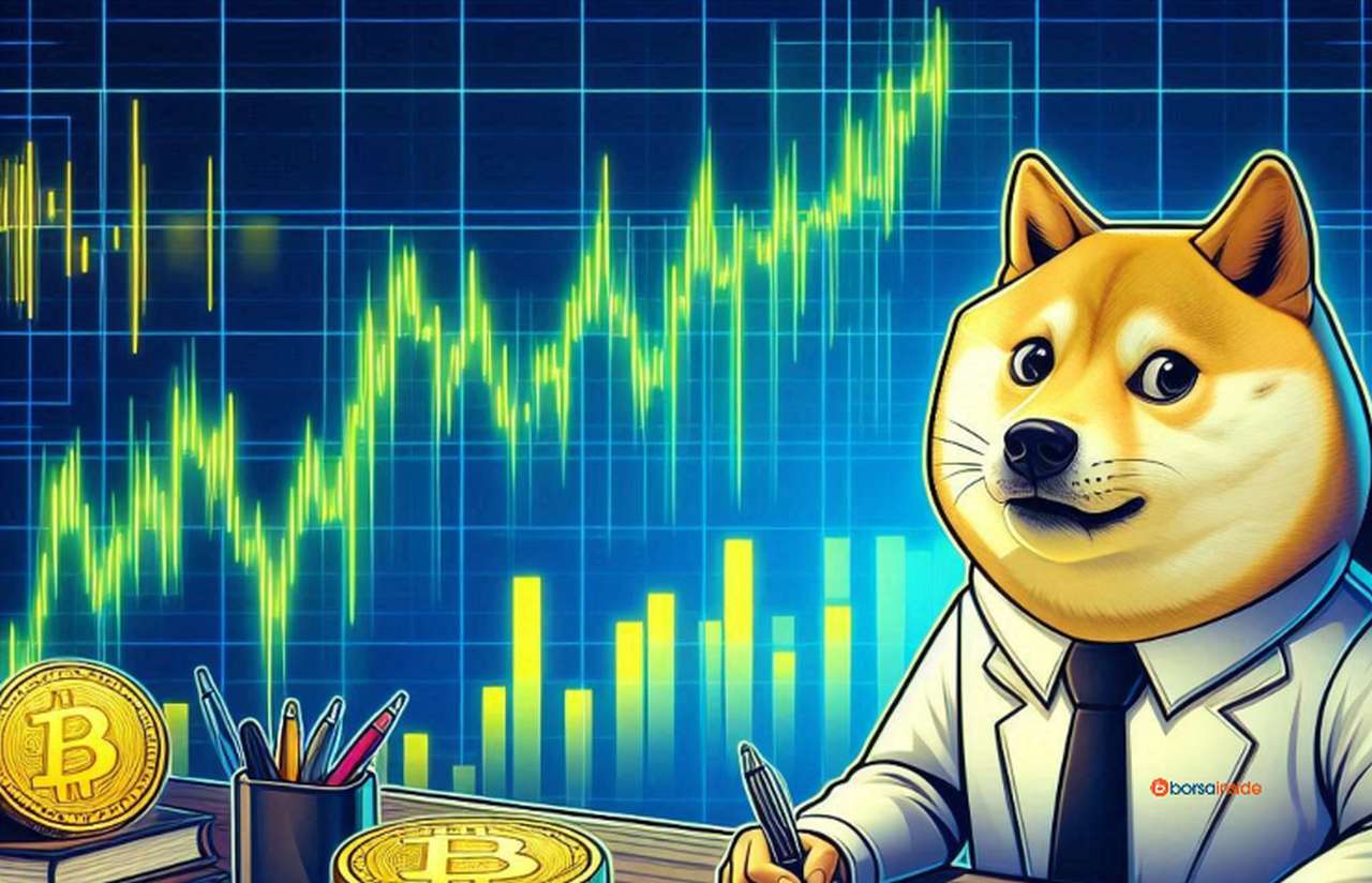 il cane simbolo di Dogecoin in camicia bianca e cravatta seduto a una scrivania con una penna in mano, delle monete posate intorno al foglio su cui scrive e dei grafici finanziari a riempire lo sfondo