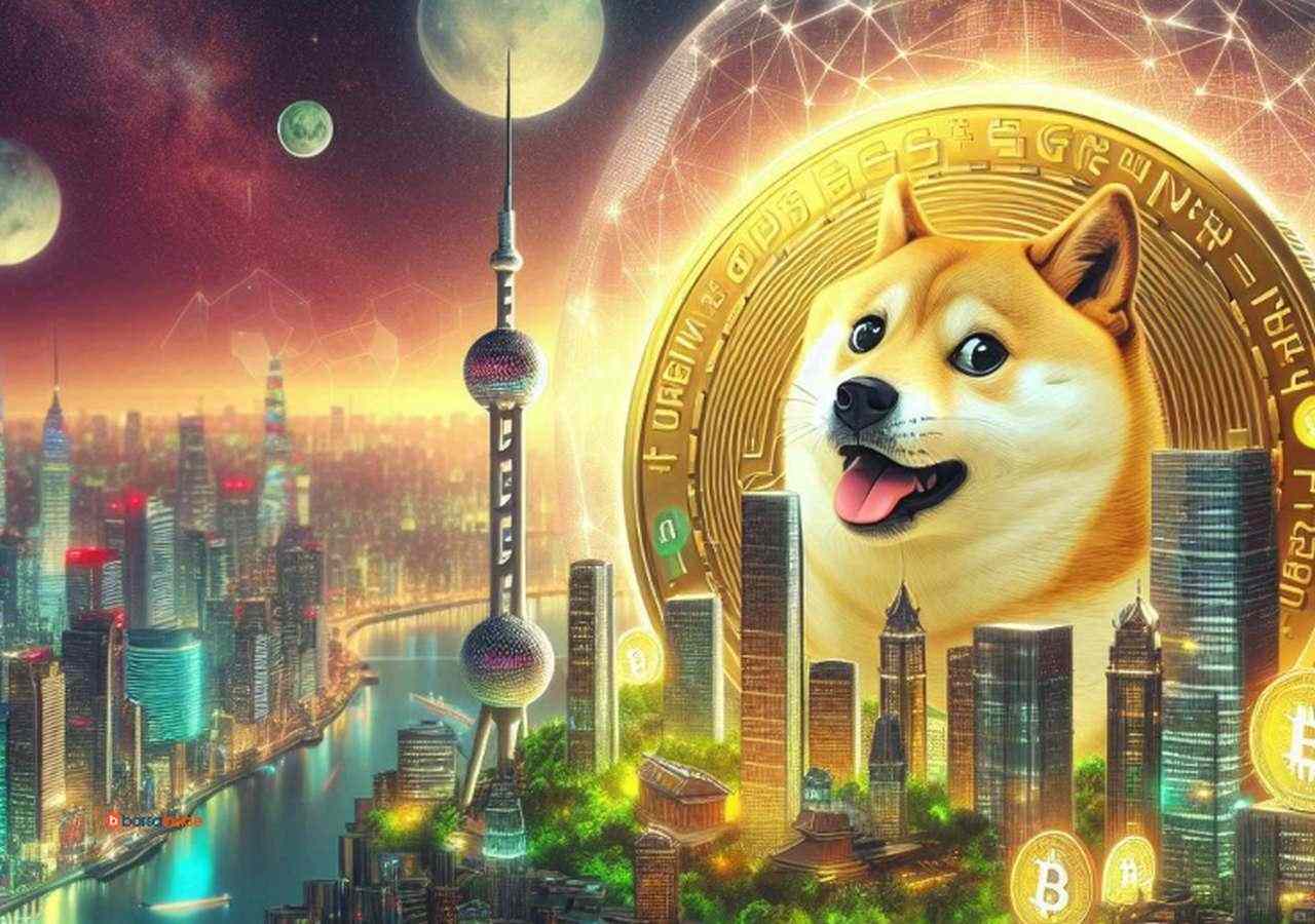 Una moneta con l'effige di Dogecoin che campeggia su una metropoli rappresentata come la città di un racconto di fantascienza