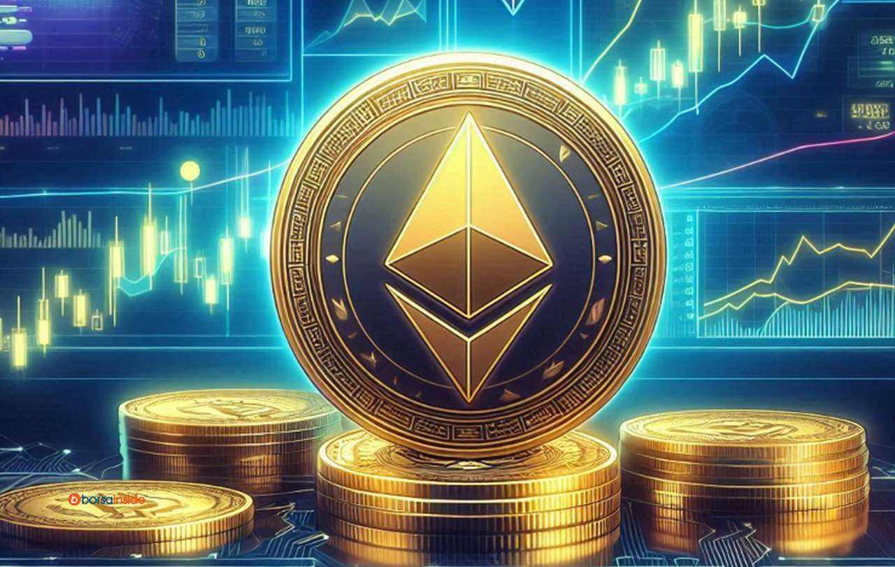 Il logo di Ethereum su una moneta posizionata di taglio su altre monete impilate al centro dell'immagine con dei grafici finanziari sullo sfondo