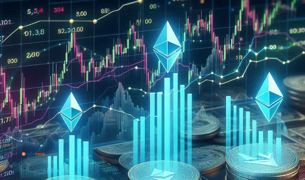 Il logo di Ethereum su tre gruppi di grafici a candele luminescenti, con dei grafici finanziari sullo sfondo