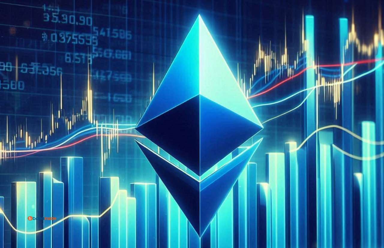 Il logo di Ethereum al centro con dei grafici a candele sullo sfondo, il tutto in toni di blu brillante