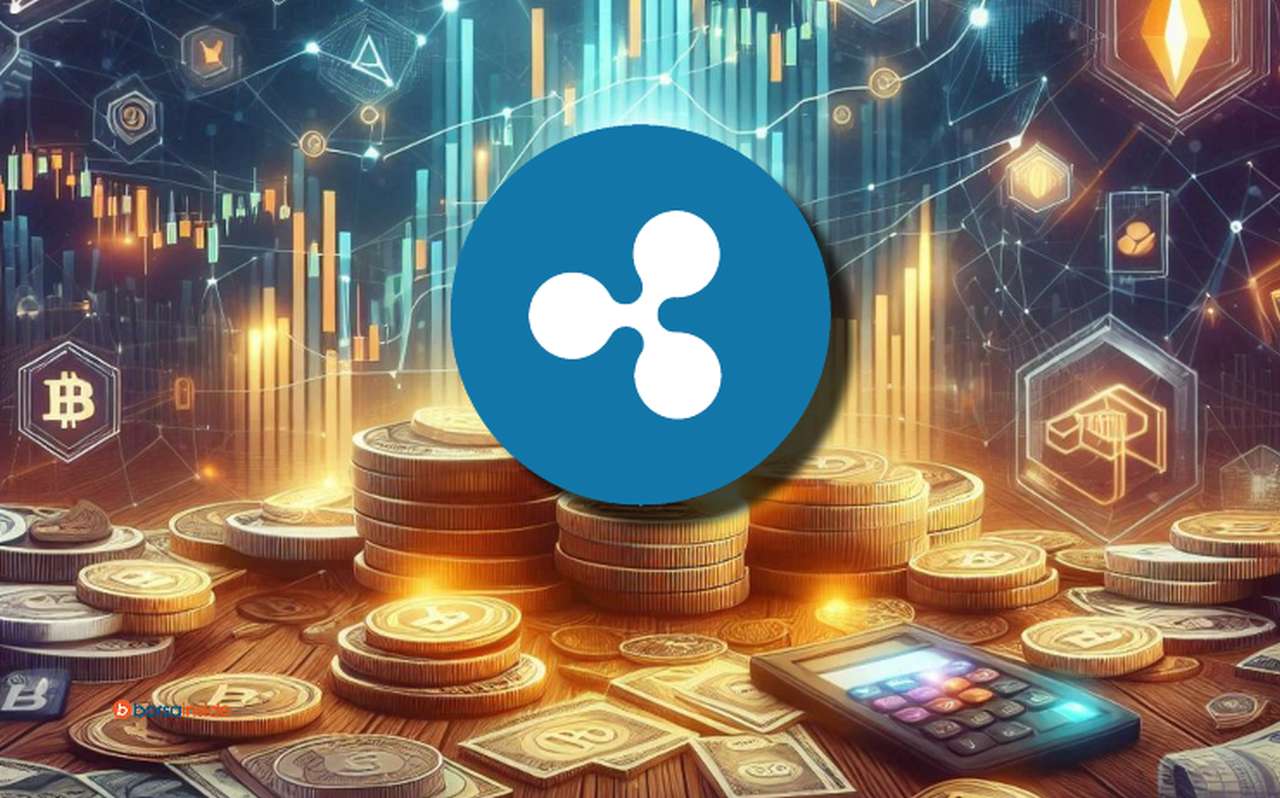 Il logo di XRP al centro e dei grafici sullo sfondo insieme a delle monete e banconote su un piano in toni di oro