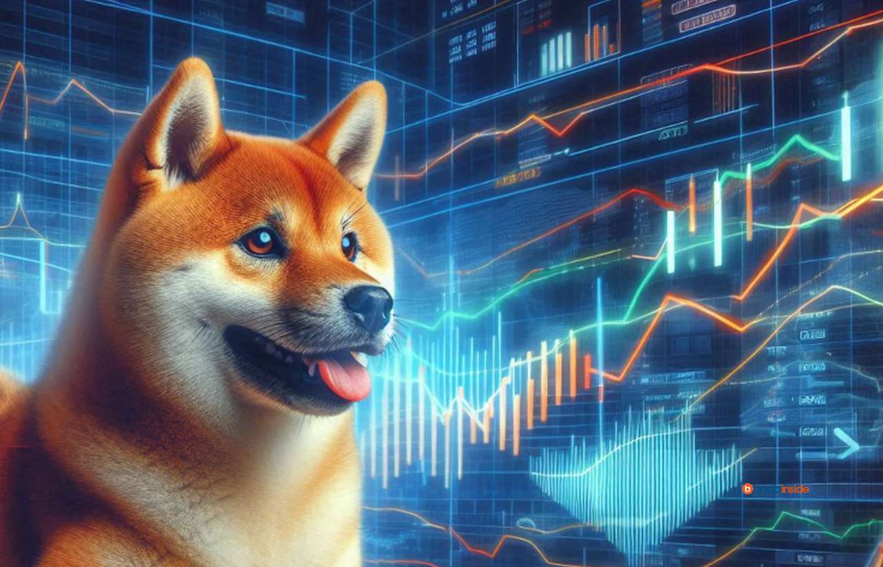 Il cane simbolo di Shiba Inu crypto sulla sinistra e grafici finanziari sullo sfondo