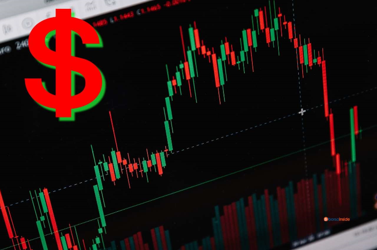 Un grafico a candele su uno schermo nero con il simbolo del dollaro in alto a sinistra