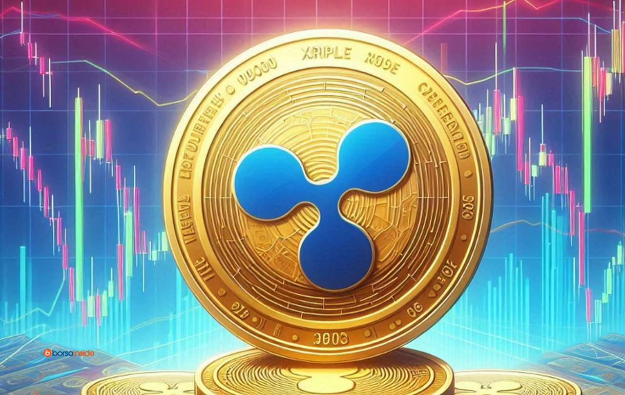 Il logo di Ripple XRP su una moneta in grande al centro e dei grafici a candele sullo sfondo