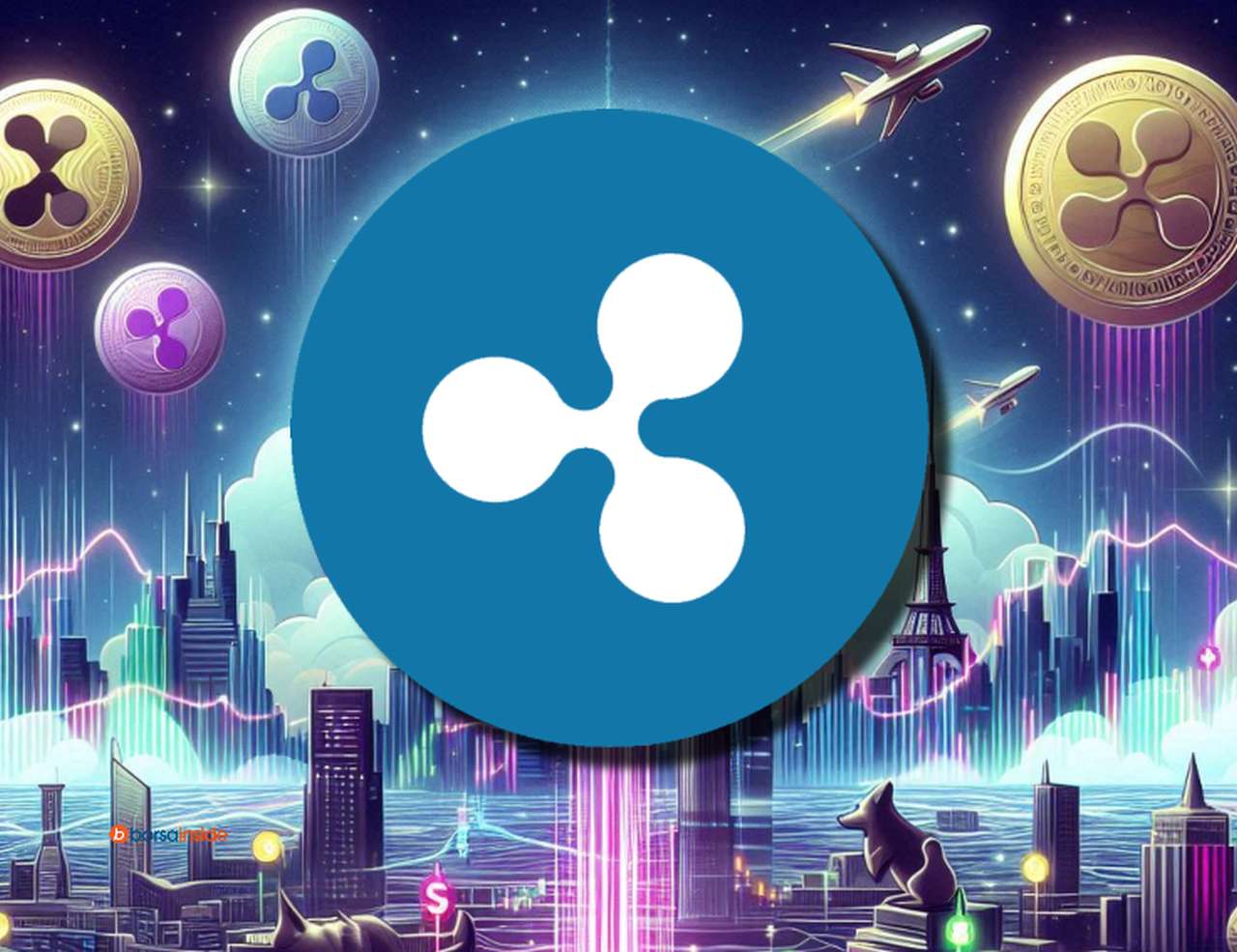 Il simbolo di XRP al centro di un'immagine con altre monete con simboli simili sparse nel cielo