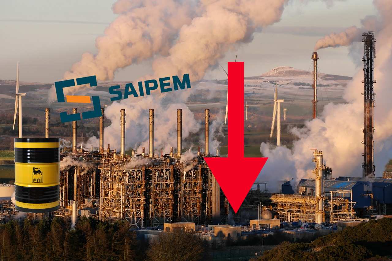 impianto petrolifero e logo di Eni e Saipem