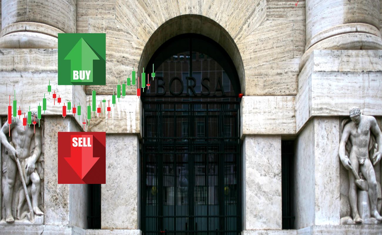 ingresso della borsa di Milano e grafico buy/sell