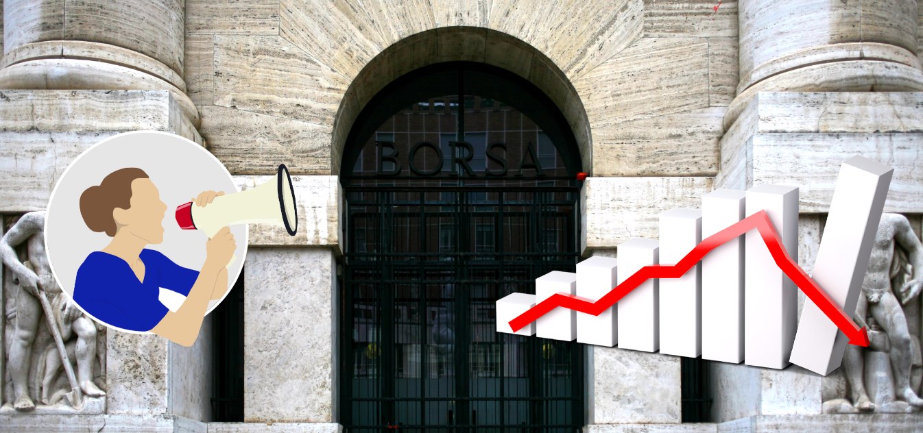 ingresso della borsa di Milano e grafico ribassista