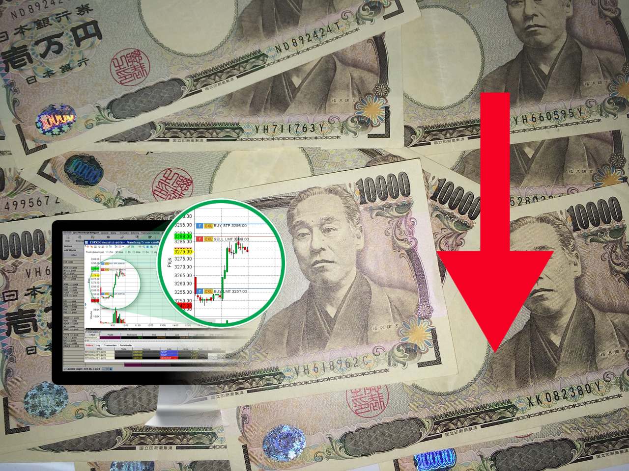 banconote yen e grafico trading