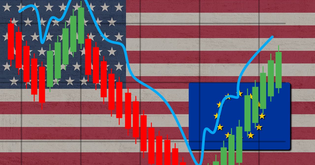 bandiera Usa e UE con grafico di borsa