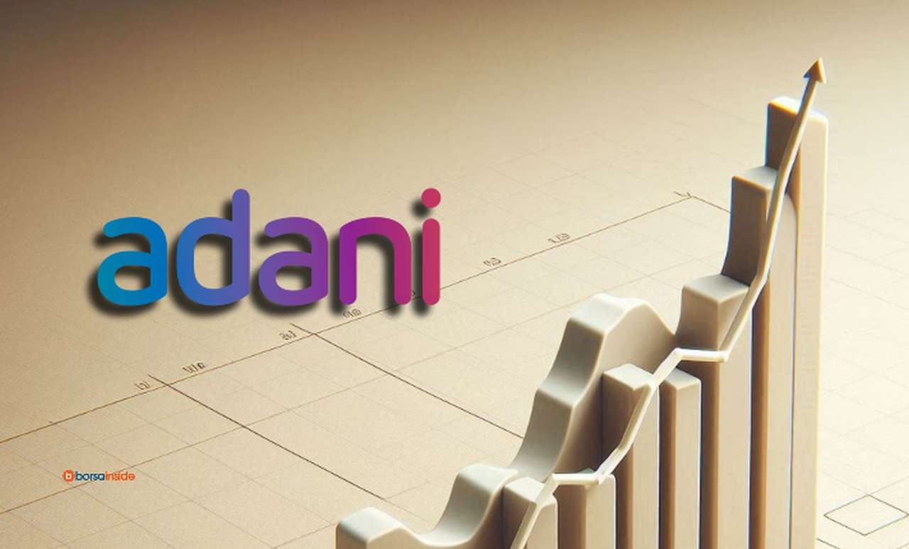 Un grafico a candele in toni di colore avana e il logo di Adani in sovrimpressione