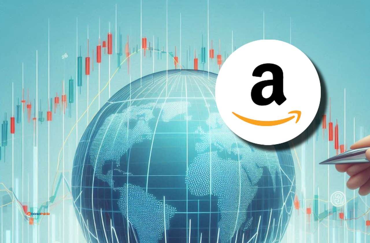 La sfera del globo al centro con dei grafici a candele intorno e il logo di Amazon in alto a destra