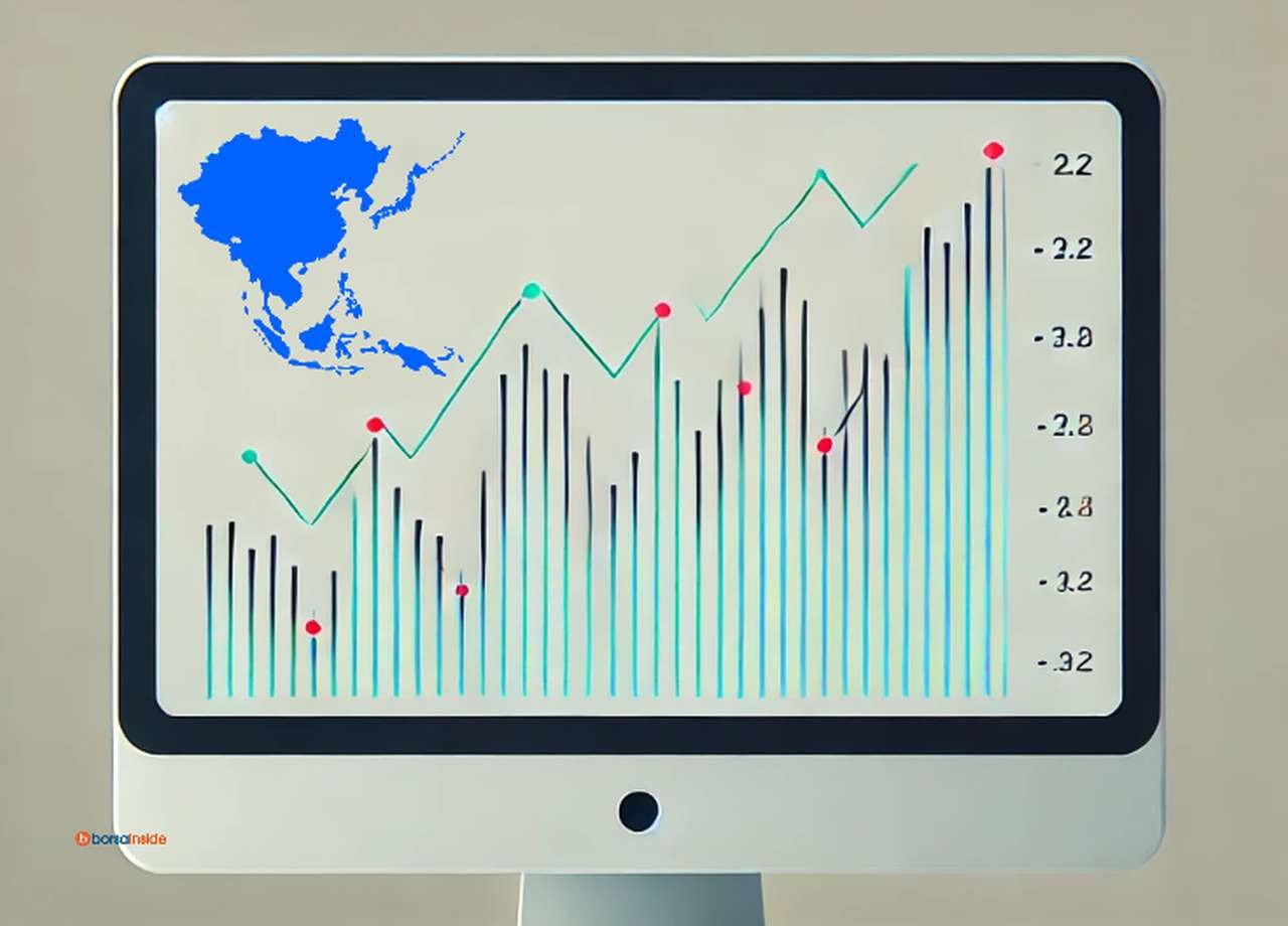 Lo schermo di un pc con dei grafici finanziari e in un angolo la sagoma dell'area geografica dell'Asia