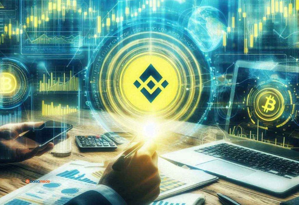 Il logo di Binance al centro con dei grafici finanziari in trasparenza e le mani di un uomo su una scrivania con documenti, calcolatrice e laptop