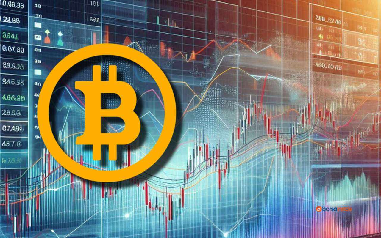 Alcuni grafici finanziari con il logo di Bitcoin in sovrimpressione a sinistra