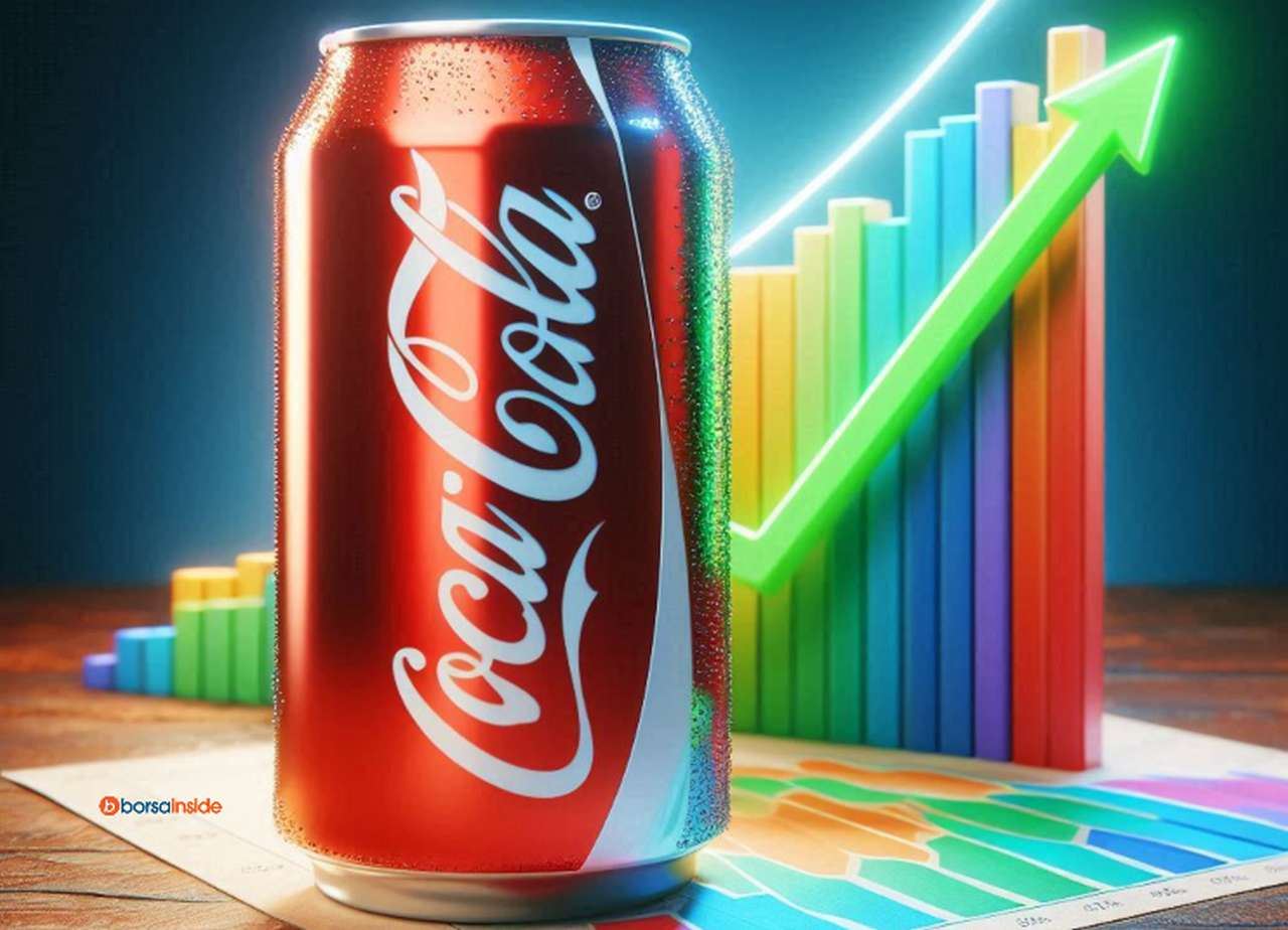 Una lattina di Coca Cola con dei grafici a candele colorate e una freccia verso l'alto sullo sfondo