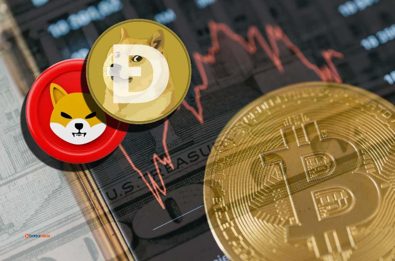 Un grafico finanziario sullo schermo di un dispositivo mobile, con una moneta di Bitcoin in basso a destra e i loghi di SHIB e DOGE in alto a sinistra